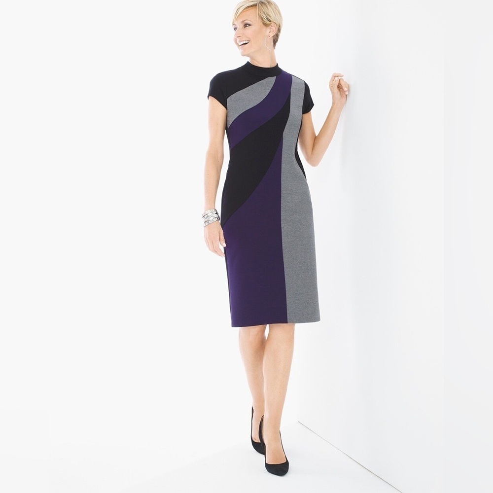 Chicos Travelers Size 2 US L Black Gray Purple Swirl Pattern Dress Office Career